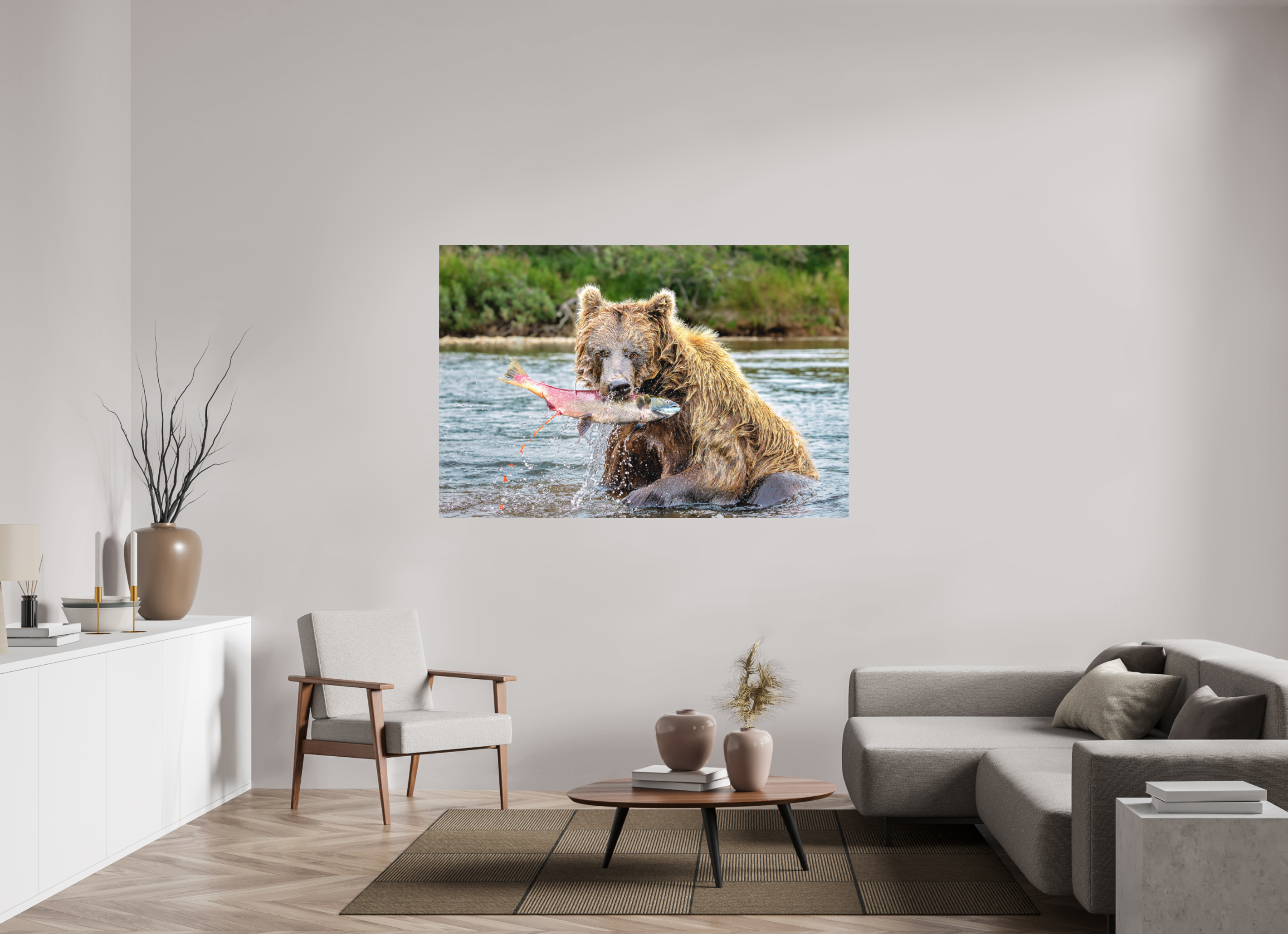 66 x 44″, Matte Photo Print Fuji Crystal DP II Brown Bear Catches Sockeye Salmon