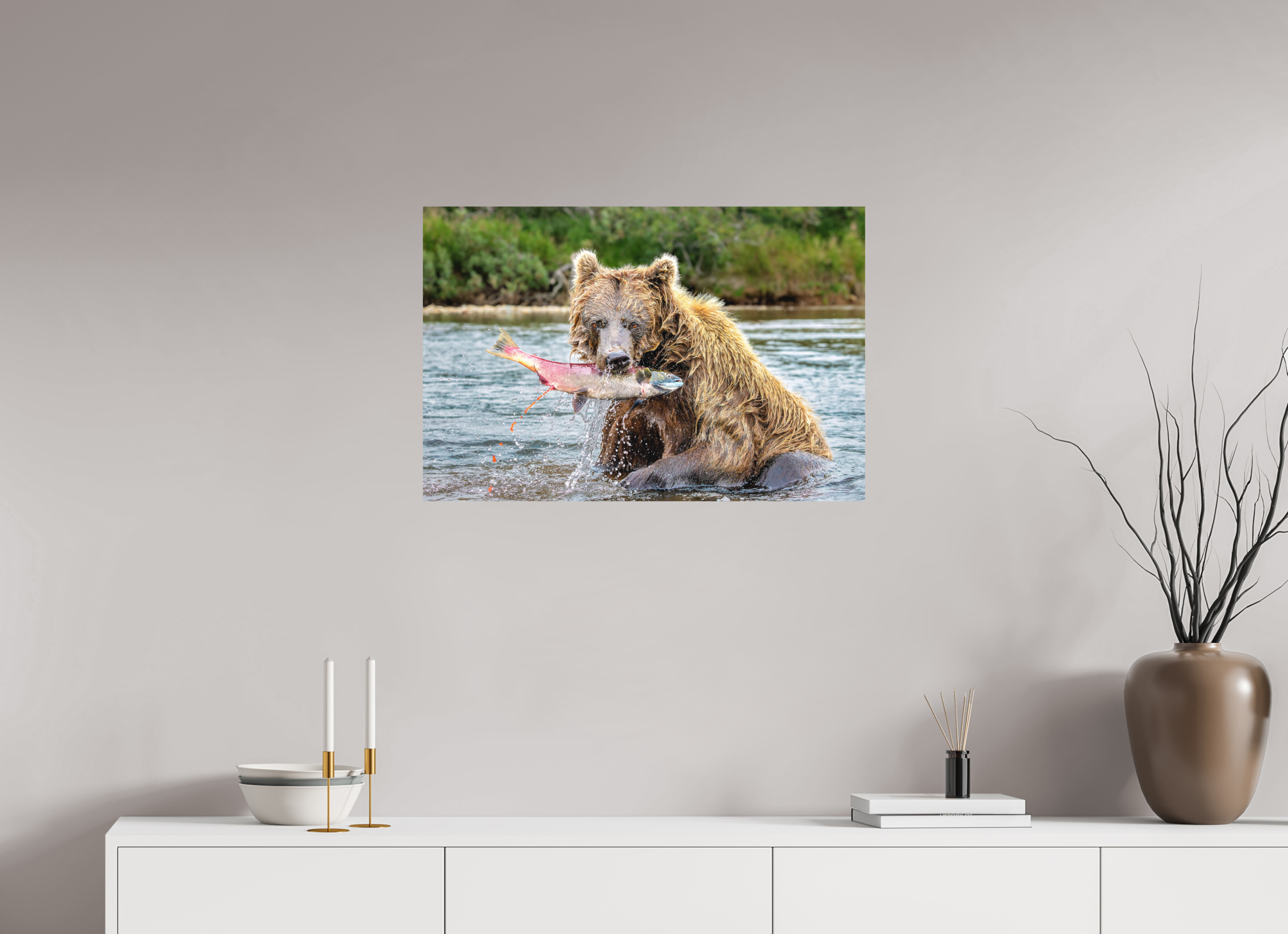 30 x 20″, Matte Photo Print Fuji Crystal DP II Brown Bear Catches Sockeye Salmon