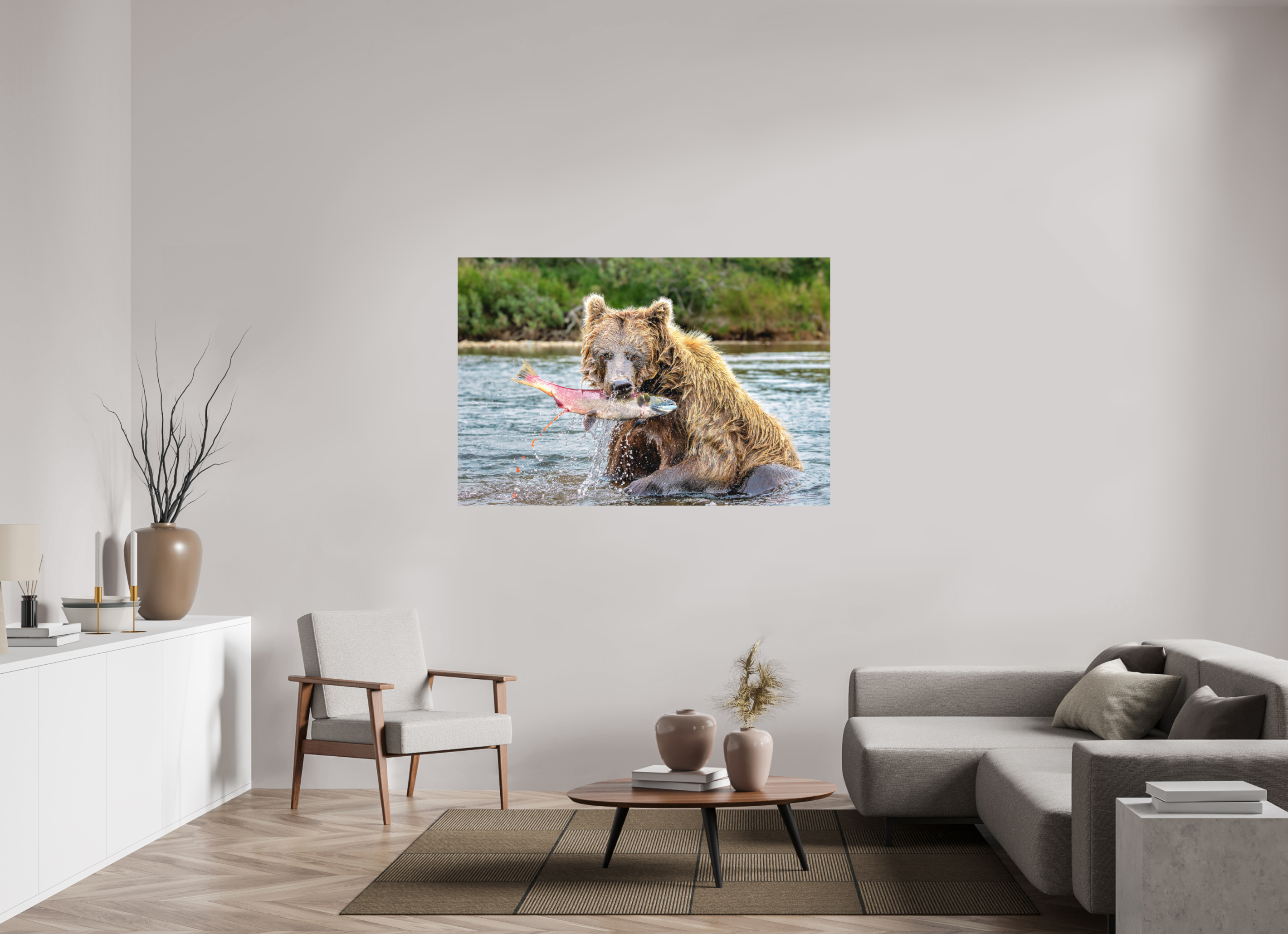 60 x 40″, Matte Photo Print Fuji Crystal DP II Brown Bear Catches Sockeye Salmon