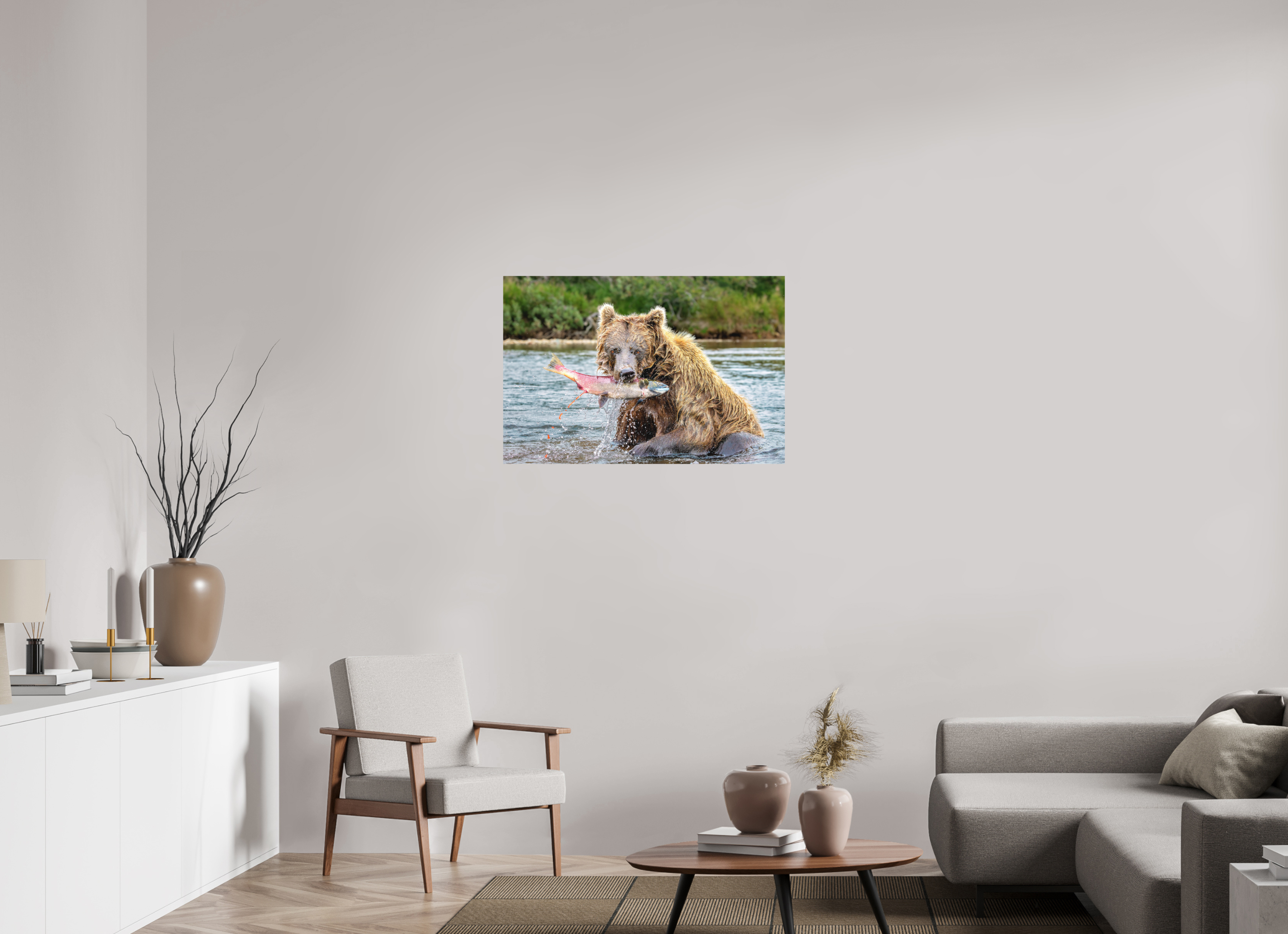 36 x 24″, Matte Photo Print Fuji Crystal DP II Brown Bear Catches Sockeye Salmon