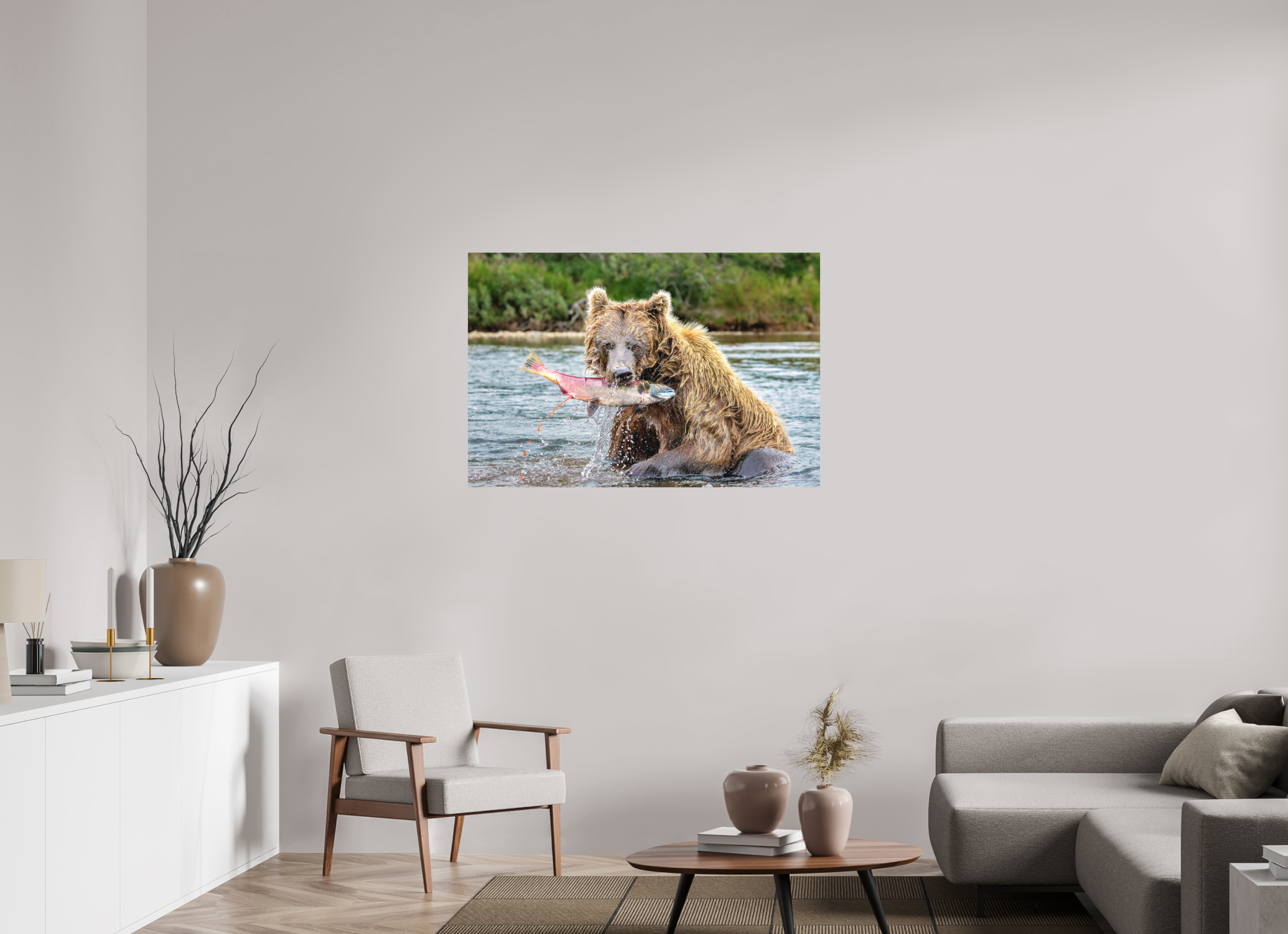 45 x 30″, Matte Photo Print Fuji Crystal DP II Brown Bear Catches Sockeye Salmon