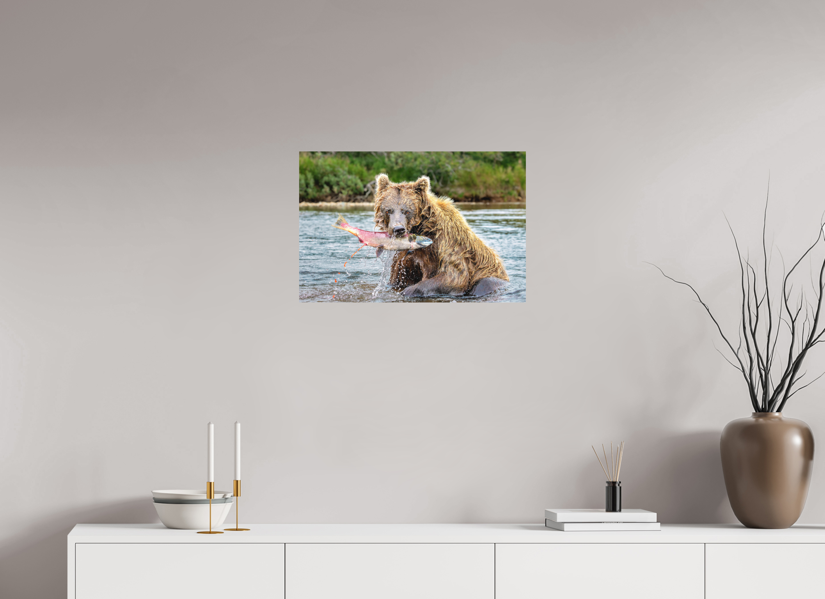 24 x 16″, Matte Photo Print Fuji Crystal DP II Brown Bear Catches Sockeye Salmon