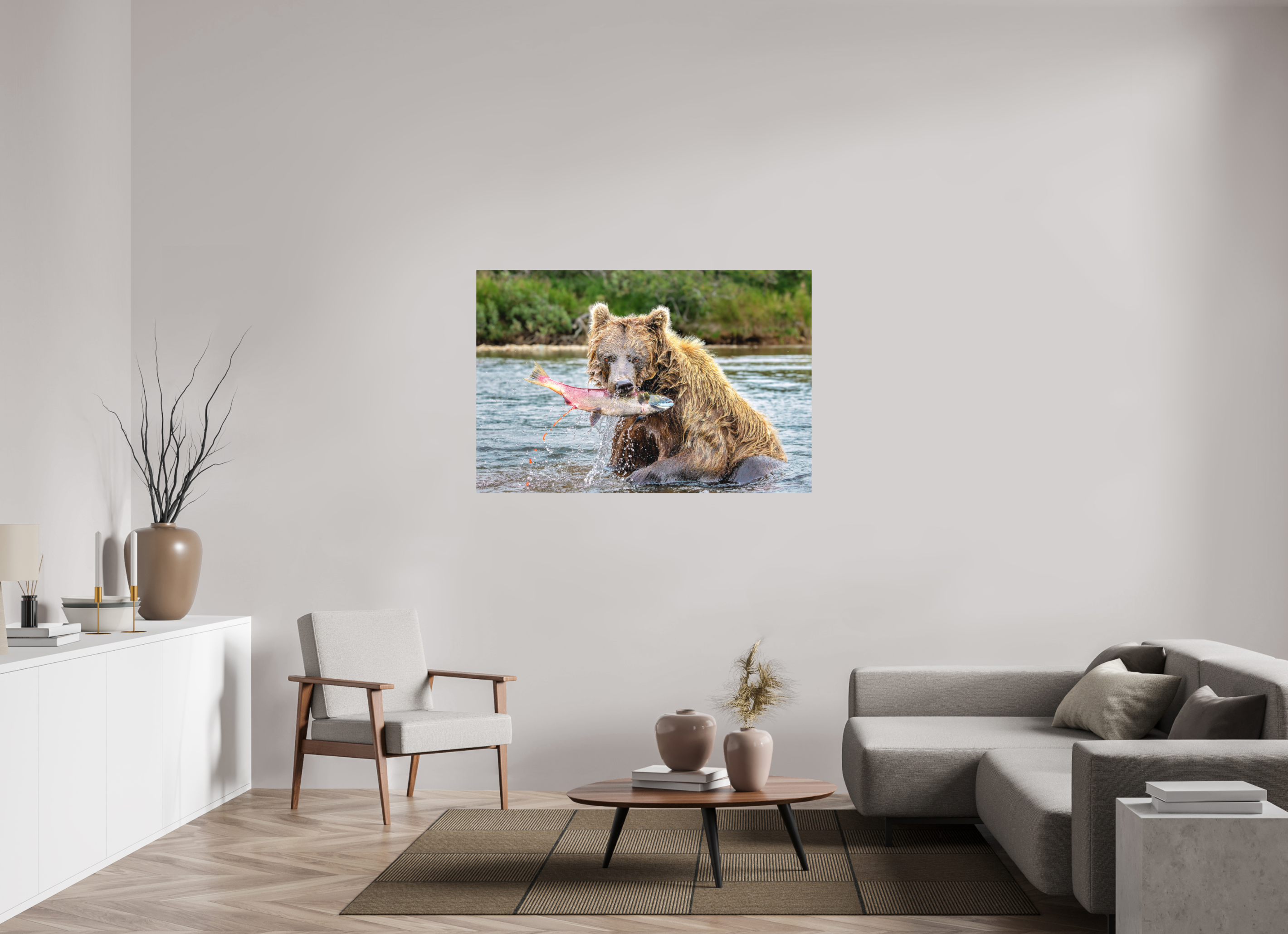 54 x 36″, Matte Photo Print Fuji Crystal DP II Brown Bear Catches Sockeye Salmon